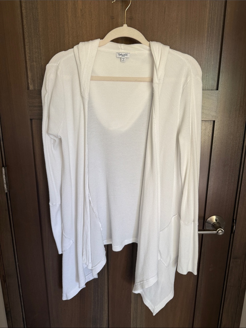 Splendid White Hooded Waffle-Knit Open Cardigan